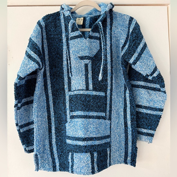 💫Vintage 90s Mexicana Blue Knit Poncho Baja Surfer Hoodie Hippie Pullover - Picture 8 of 11